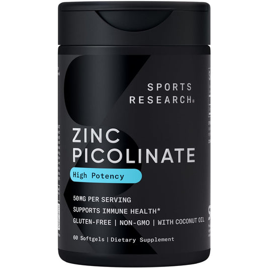 Sports Research® Hochdosiertes Zinkpicolinat 50 mg mit Bio-Kokosöl | Hoch absorbierbares Zink für Immunsystem & Enzymfunktion – Non-GMO getestet & glutenfrei (60 flüssige Softgels)