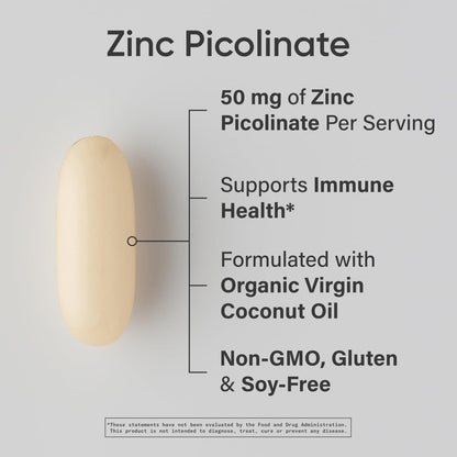 Sports Research® Hochdosiertes Zinkpicolinat 50 mg mit Bio-Kokosöl | Hoch absorbierbares Zink für Immunsystem & Enzymfunktion – Non-GMO getestet & glutenfrei (60 flüssige Softgels)