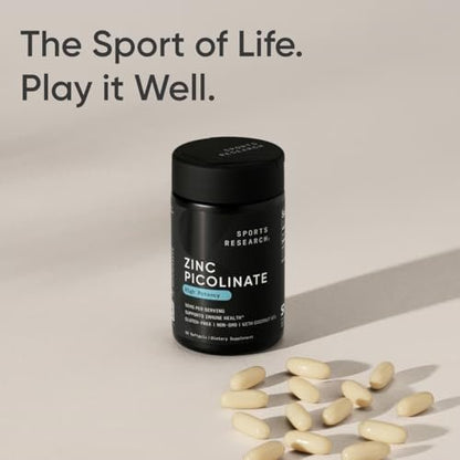 Sports Research Hochdosiertes Zink-Picolinat 30 mg mit Bio-Kokosöl | Hoch absorbierbares Zink für gesunde Immun- und Enzymfunktion – Non-GMO getestet & glutenfrei (90 flüssige Weichkapseln)