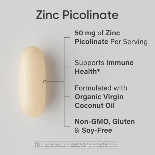 Sports Research® Hochdosiertes Zinkpicolinat 50 mg mit Bio-Kokosöl | Hoch absorbierbares Zink für Immunsystem & Enzymfunktion – Non-GMO getestet & glutenfrei (60 flüssige Softgels)
