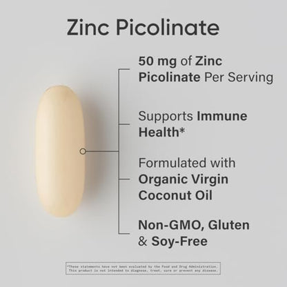 Sports Research® Hochdosiertes Zinkpicolinat 50 mg mit Bio-Kokosöl | Hoch absorbierbares Zink für Immunsystem & Enzymfunktion – Non-GMO getestet & glutenfrei (60 flüssige Softgels)