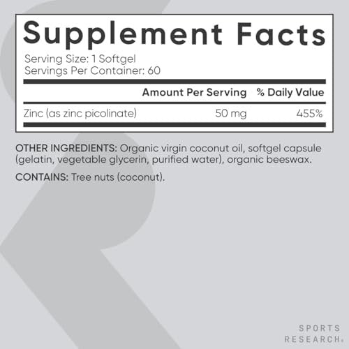 Sports Research® Hochdosiertes Zinkpicolinat 50 mg mit Bio-Kokosöl | Hoch absorbierbares Zink für Immunsystem & Enzymfunktion – Non-GMO getestet & glutenfrei (60 flüssige Softgels)