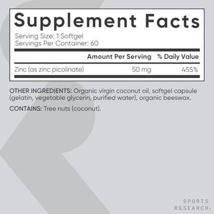 Sports Research® Hochdosiertes Zinkpicolinat 50 mg mit Bio-Kokosöl | Hoch absorbierbares Zink für Immunsystem & Enzymfunktion – Non-GMO getestet & glutenfrei (60 flüssige Softgels)