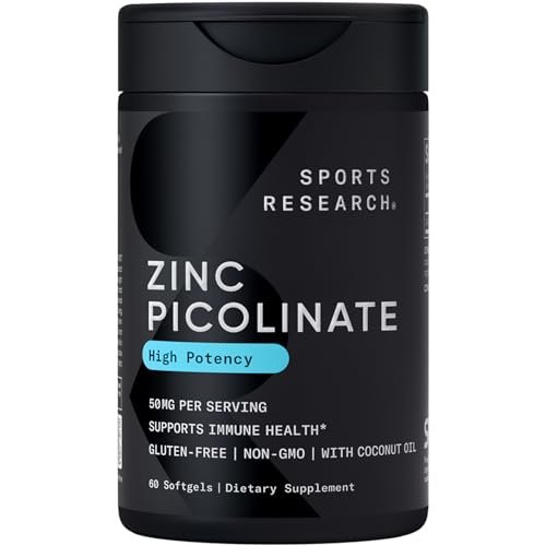Sports Research® Hochdosiertes Zinkpicolinat 50 mg mit Bio-Kokosöl | Hoch absorbierbares Zink für Immunsystem & Enzymfunktion – Non-GMO getestet & glutenfrei (60 flüssige Softgels)