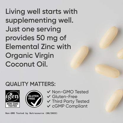 Sports Research® Hochdosiertes Zinkpicolinat 50 mg mit Bio-Kokosöl | Hoch absorbierbares Zink für Immunsystem & Enzymfunktion – Non-GMO getestet & glutenfrei (60 flüssige Softgels)