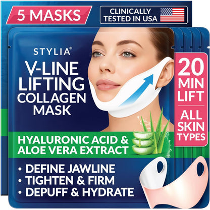 Stylia V-Line Lifting Collagen Maske – Straffende & konturierende Gesichtsmaske für Kinnlinie und Hals (5 Stück)