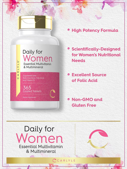 Carlyle Multivitamin und Multimineral für Frauen | 365 Tabletten | Tägliches Nahrungsergänzungsmittel mit Beta-Carotin, Folsäure und Vitamin D | Non-GMO, Glutenfrei