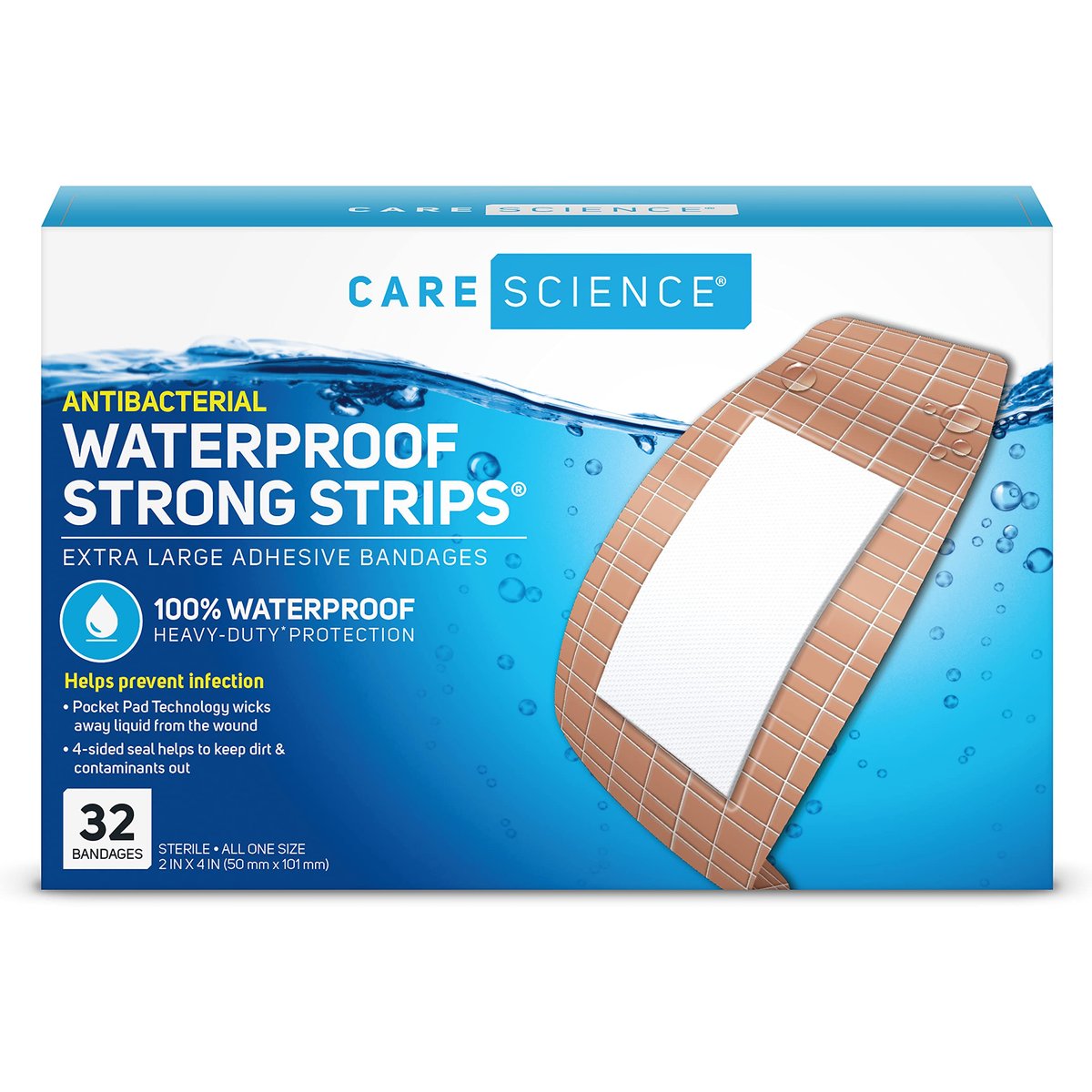 Care Science Waterproof Strong Strips Adhesive Bandages, Extra Large, 32 CT | 100% wasserdicht, schwerer Schutz, hilft Infektionen zu verhindern für Erste Hilfe und Wundversorgung