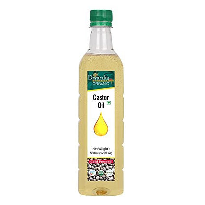 Dwaraka Organic Kaltgepresstes Rizinusöl für Verdauung, Haarwachstum, Hautpflege und Massagen - 500 ml | USDA Bio, Nicht-GVO, Rein Natürlich