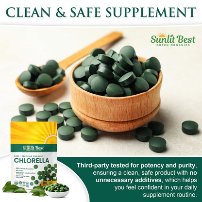 Sunlit Best USDA Organic Premium Chlorella Tabletten 500 Stück | 100% Reines Chlorella Superfood Nahrungsergänzungsmittel mit hohem Protein-, Chlorophyll-, Vitamin- & Mineralstoffgehalt | Unterstützt Gesundheit, Wohlbefinden & Erholung