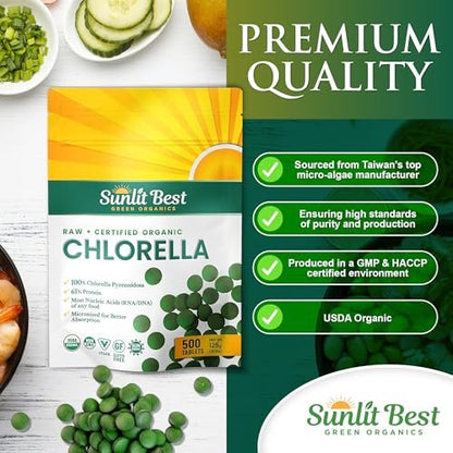 Sunlit Best USDA Organic Premium Chlorella Tabletten 500 Stück | 100% Reines Chlorella Superfood Nahrungsergänzungsmittel mit hohem Protein-, Chlorophyll-, Vitamin- & Mineralstoffgehalt | Unterstützt Gesundheit, Wohlbefinden & Erholung