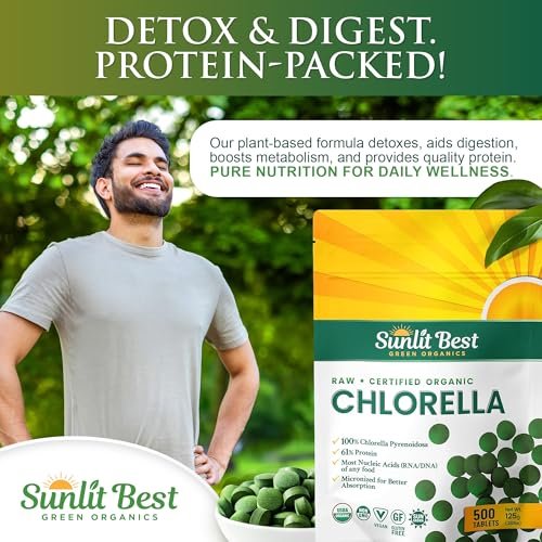 Sunlit Best USDA Organic Premium Chlorella Tabletten 500 Stück | 100% Reines Chlorella Superfood Nahrungsergänzungsmittel mit hohem Protein-, Chlorophyll-, Vitamin- & Mineralstoffgehalt | Unterstützt Gesundheit, Wohlbefinden & Erholung