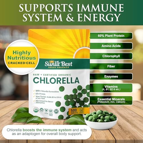Sunlit Best USDA Organic Premium Chlorella Tabletten 500 Stück | 100% Reines Chlorella Superfood Nahrungsergänzungsmittel mit hohem Protein-, Chlorophyll-, Vitamin- & Mineralstoffgehalt | Unterstützt Gesundheit, Wohlbefinden & Erholung