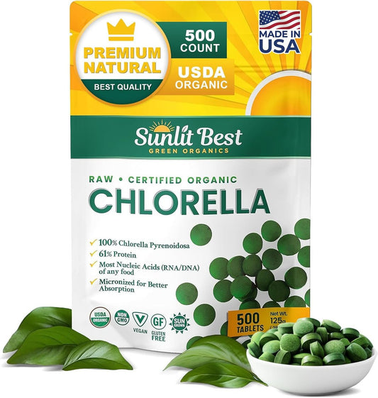 Sunlit Best USDA Organic Premium Chlorella Tabletten 500 Stück | 100% Reines Chlorella Superfood Nahrungsergänzungsmittel mit hohem Protein-, Chlorophyll-, Vitamin- & Mineralstoffgehalt | Unterstützt Gesundheit, Wohlbefinden & Erholung