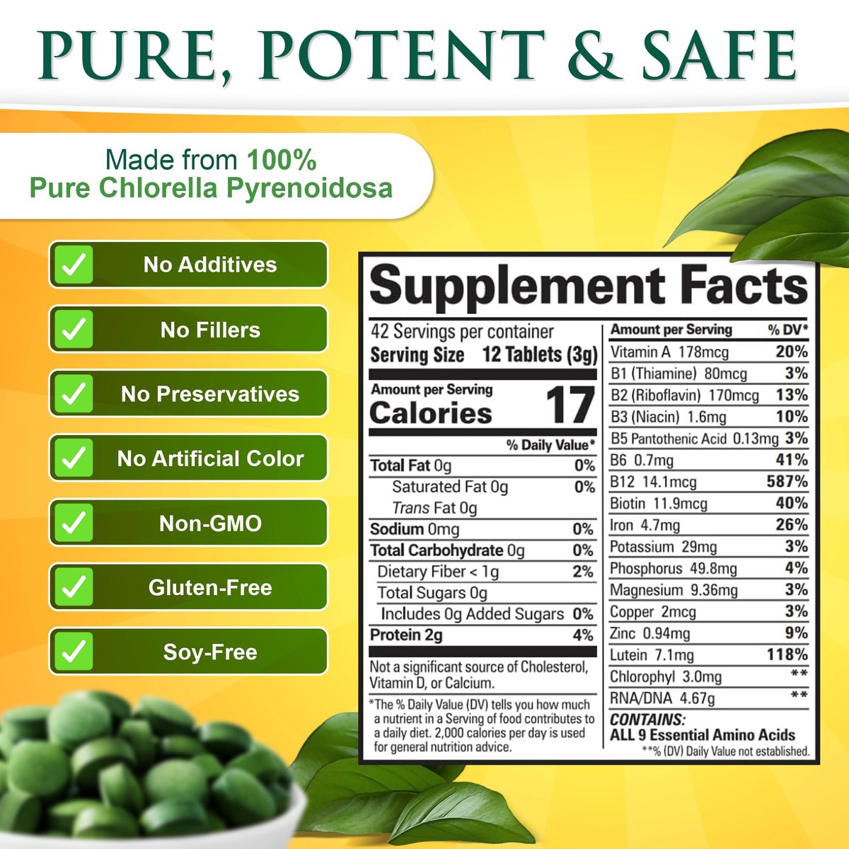 Sunlit Best USDA Organic Premium Chlorella Tabletten 500 Stück | 100% Reines Chlorella Superfood Nahrungsergänzungsmittel mit hohem Protein-, Chlorophyll-, Vitamin- & Mineralstoffgehalt | Unterstützt Gesundheit, Wohlbefinden & Erholung