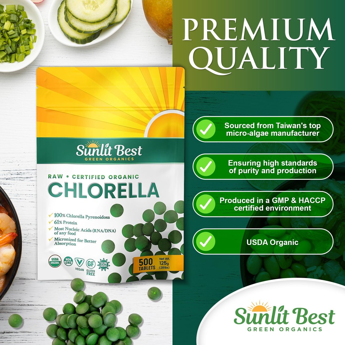 Sunlit Best USDA Organic Premium Chlorella Tabletten 500 Stück | 100% Reines Chlorella Superfood Nahrungsergänzungsmittel mit hohem Protein-, Chlorophyll-, Vitamin- & Mineralstoffgehalt | Unterstützt Gesundheit, Wohlbefinden & Erholung
