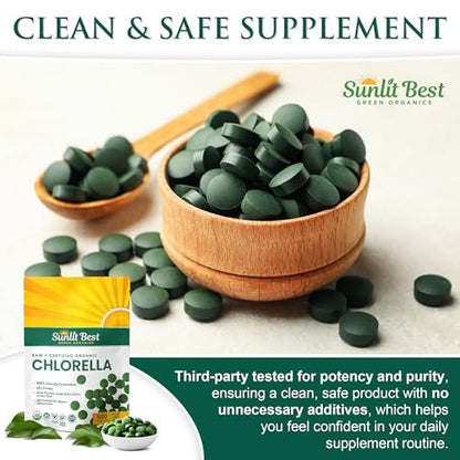 Sunlit Best USDA Organic Premium Chlorella Tabletten 500 Stück | 100% Reines Chlorella Superfood Nahrungsergänzungsmittel mit hohem Protein-, Chlorophyll-, Vitamin- & Mineralstoffgehalt | Unterstützt Gesundheit, Wohlbefinden & Erholung