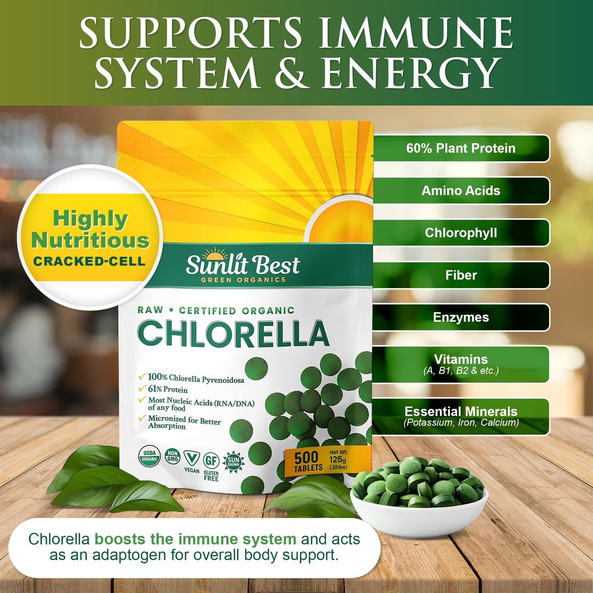 Sunlit Best USDA Organic Premium Chlorella Tabletten 500 Stück | 100% Reines Chlorella Superfood Nahrungsergänzungsmittel mit hohem Protein-, Chlorophyll-, Vitamin- & Mineralstoffgehalt | Unterstützt Gesundheit, Wohlbefinden & Erholung