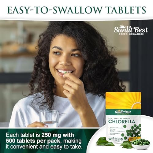 Sunlit Best USDA Organic Premium Chlorella Tabletten 500 Stück | 100% Reines Chlorella Superfood Nahrungsergänzungsmittel mit hohem Protein-, Chlorophyll-, Vitamin- & Mineralstoffgehalt | Unterstützt Gesundheit, Wohlbefinden & Erholung
