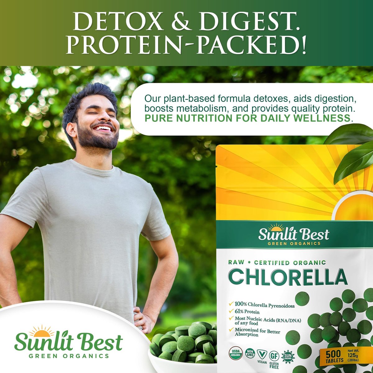 Sunlit Best USDA Organic Premium Chlorella Tabletten 500 Stück | 100% Reines Chlorella Superfood Nahrungsergänzungsmittel mit hohem Protein-, Chlorophyll-, Vitamin- & Mineralstoffgehalt | Unterstützt Gesundheit, Wohlbefinden & Erholung