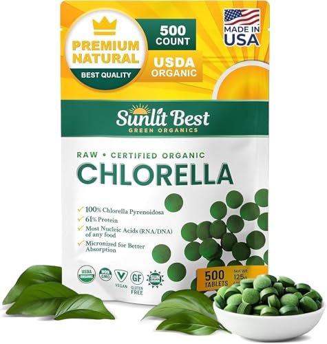 Sunlit Best USDA Organic Premium Chlorella Tabletten 500 Stück | 100% Reines Chlorella Superfood Nahrungsergänzungsmittel mit hohem Protein-, Chlorophyll-, Vitamin- & Mineralstoffgehalt | Unterstützt Gesundheit, Wohlbefinden & Erholung