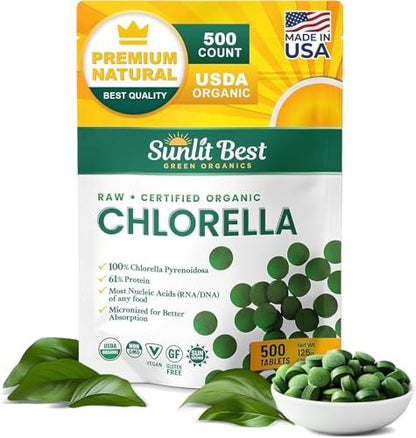 Sunlit Best USDA Organic Premium Chlorella Tabletten 500 Stück | 100% Reines Chlorella Superfood Nahrungsergänzungsmittel mit hohem Protein-, Chlorophyll-, Vitamin- & Mineralstoffgehalt | Unterstützt Gesundheit, Wohlbefinden & Erholung