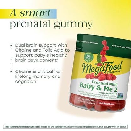 MegaFood Baby & Me 2 Pränatale Vitamine für Frauen Gummis mit Folsäure und Cholin für die Gehirnentwicklung des Babys; mit echten Früchten – Himbeergeschmack – 60 Gummis (30 Portionen)