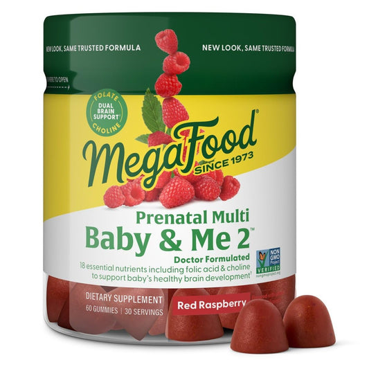 MegaFood Baby & Me 2 Pränatale Vitamine für Frauen Gummis mit Folsäure und Cholin für die Gehirnentwicklung des Babys; mit echten Früchten – Himbeergeschmack – 60 Gummis (30 Portionen)