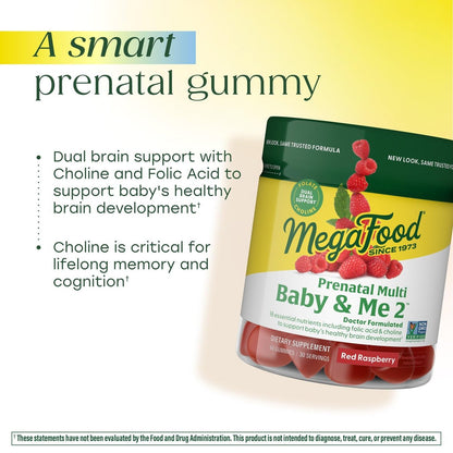 MegaFood Baby & Me 2 Pränatale Vitamine für Frauen Gummis mit Folsäure und Cholin für die Gehirnentwicklung des Babys; mit echten Früchten – Himbeergeschmack – 60 Gummis (30 Portionen)