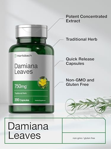 Horbäach Damiana Blattextrakt | 200 Kapseln | Pflanzliches Nahrungsergänzungsmittel | Nicht-GVO, Glutenfrei