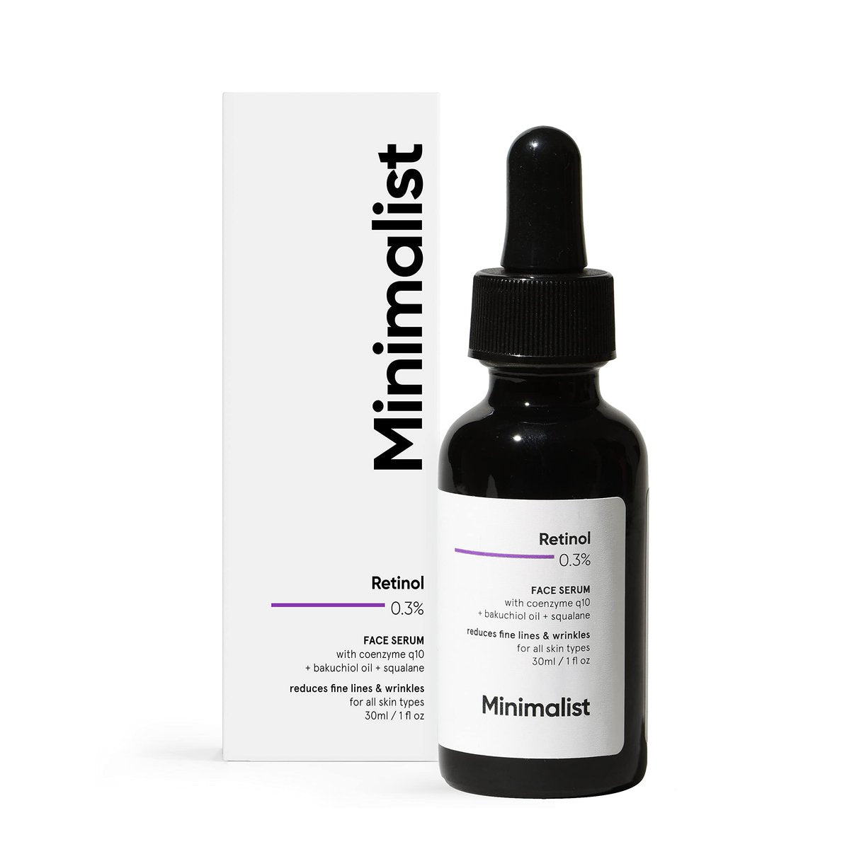 Minimalist 0,3 % Retinol Serum mit Bakuchiol Öl gegen Hautalterung | Nachtgesichtsserum auf Squalanbasis mit Coenzym Q10 zur Reduzierung von feinen Linien & Falten | Für Frauen & Männer | 30 ml