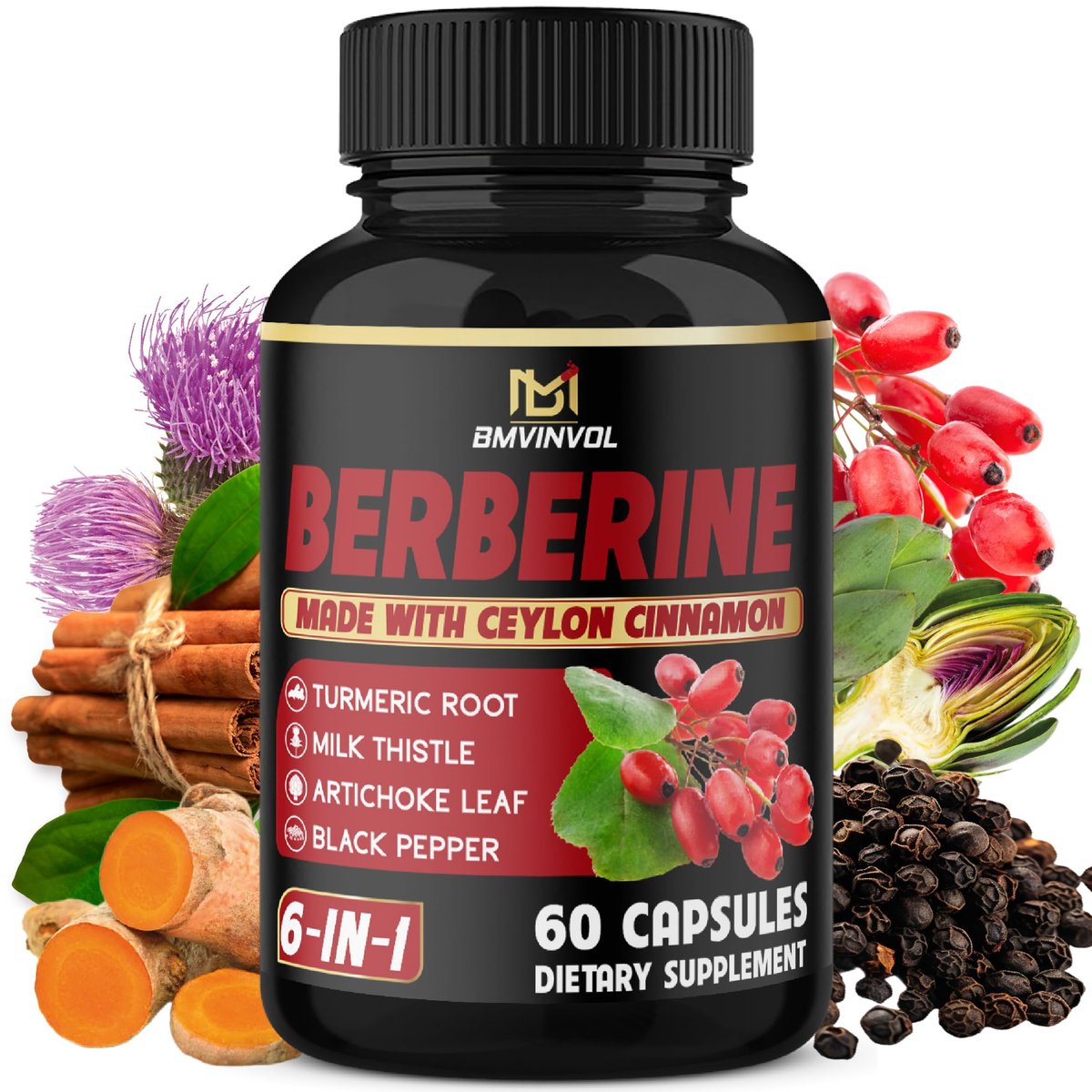 Berberin mit Ceylon-Zimt, Kurkuma, Mariendistel, Artischocke, Schwarzer Pfeffer – 60 Kapseln – 1 Packung