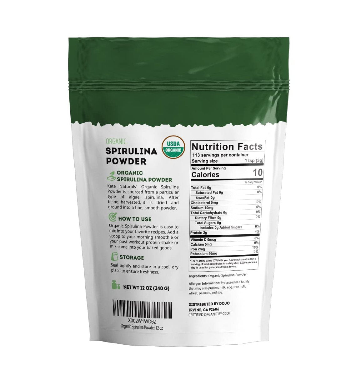 Kate Naturals Bio Spirulina Pulver – Nährstoffreiches Superfood-Ergänzungsmittel (340 g, USDA Bio, Nicht-GVO, Glutenfrei)