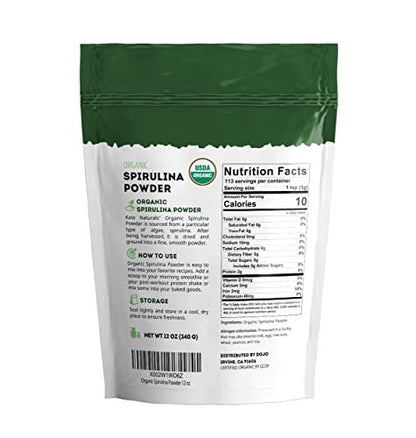 Kate Naturals Bio Spirulina Pulver – Nährstoffreiches Superfood-Ergänzungsmittel (340 g, USDA Bio, Nicht-GVO, Glutenfrei)