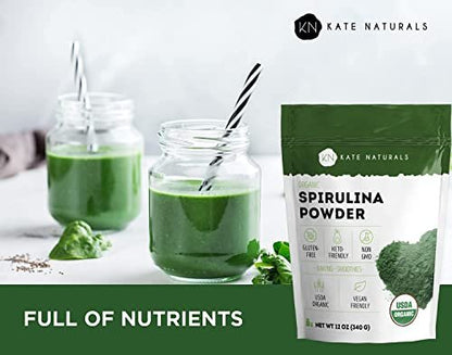 Kate Naturals Bio Spirulina Pulver – Nährstoffreiches Superfood-Ergänzungsmittel (340 g, USDA Bio, Nicht-GVO, Glutenfrei)