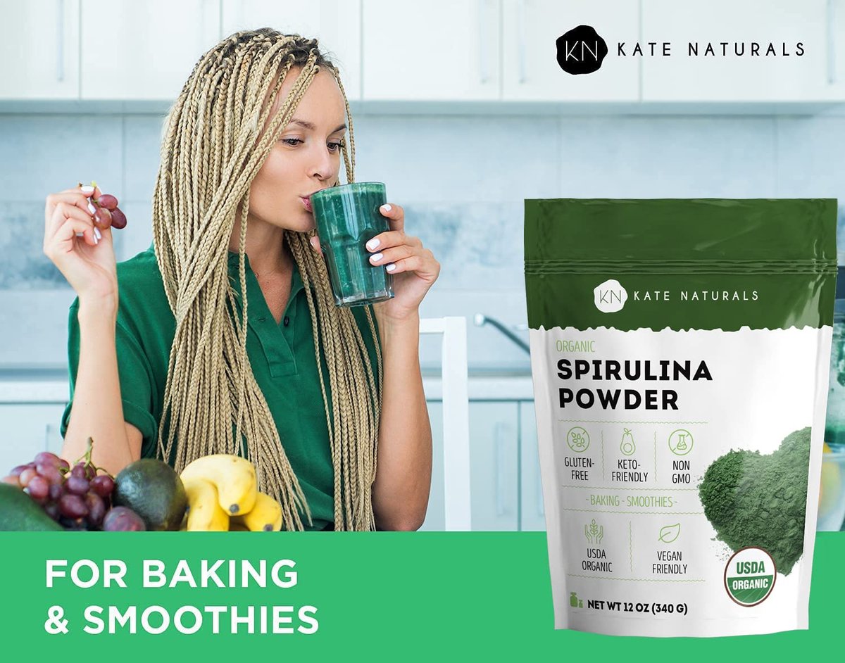 Kate Naturals Bio Spirulina Pulver – Nährstoffreiches Superfood-Ergänzungsmittel (340 g, USDA Bio, Nicht-GVO, Glutenfrei)