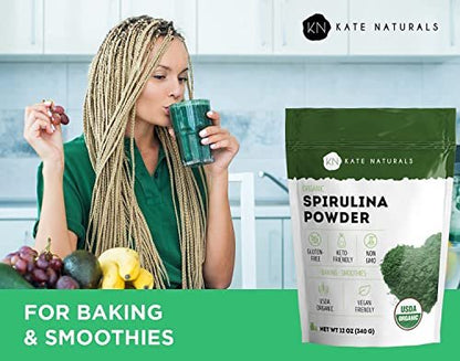 Kate Naturals Bio Spirulina Pulver – Nährstoffreiches Superfood-Ergänzungsmittel (340 g, USDA Bio, Nicht-GVO, Glutenfrei)