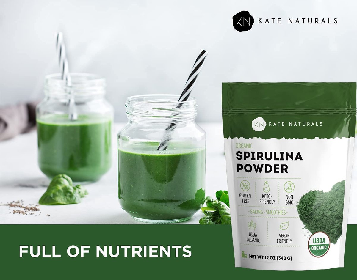 Kate Naturals Bio Spirulina Pulver – Nährstoffreiches Superfood-Ergänzungsmittel (340 g, USDA Bio, Nicht-GVO, Glutenfrei)