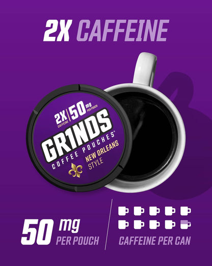 Grinds Kaffeepouches | Koffein, Nikotinfrei, saubere Energiequelle | 3 Dosen New Orleans | Hergestellt in den USA | 18 Pouches pro Dose | 2x Koffein: 1 Pouch entspricht 1/2 Tasse Kaffee (New Orleans)