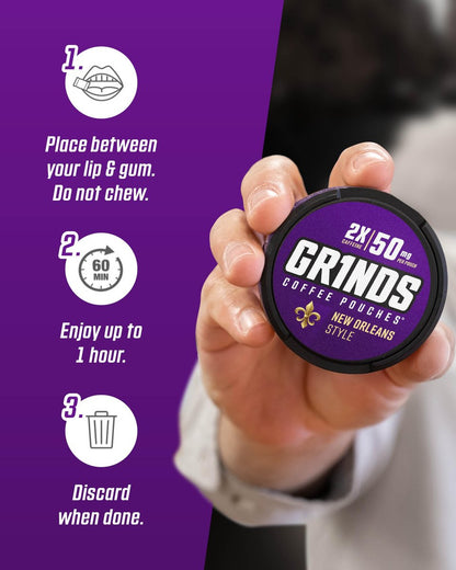 Grinds Kaffeepouches | Koffein, Nikotinfrei, saubere Energiequelle | 3 Dosen New Orleans | Hergestellt in den USA | 18 Pouches pro Dose | 2x Koffein: 1 Pouch entspricht 1/2 Tasse Kaffee (New Orleans)