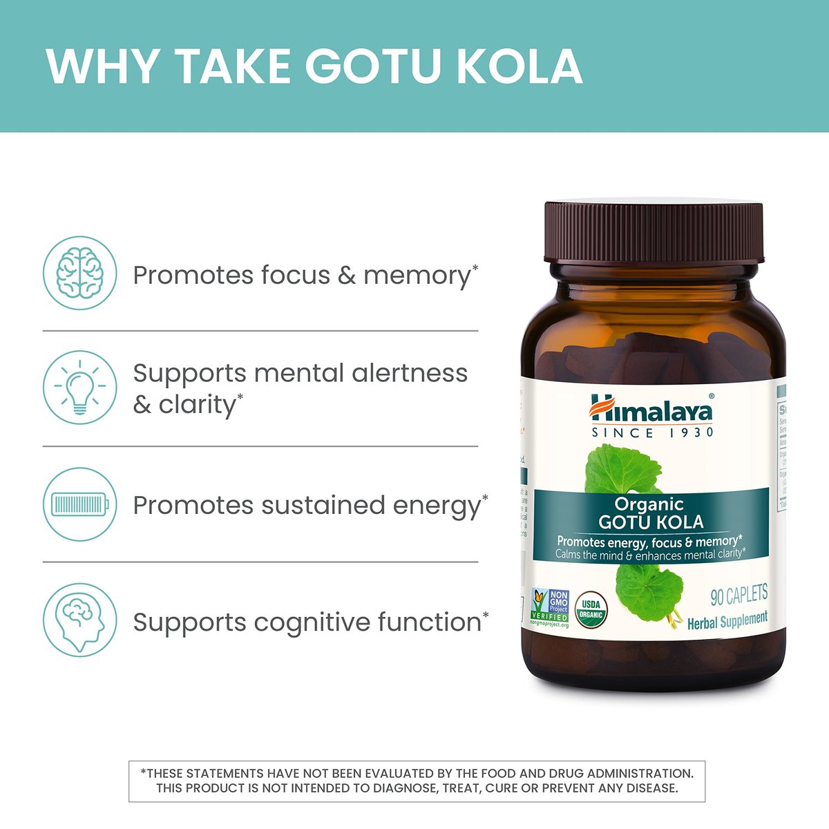 Himalaya Organic Gotu Kula – 45-Tage-Vorrat, Nootropikum mit Adaptogenen für Energie, Fokus, Gedächtnis und beruhigende Entspannung – Vegan, Non-GMO, Glutenfrei, 650 mg, 90 Kapseln