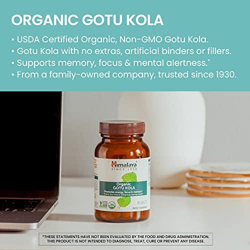 Himalaya Organic Gotu Kula – 45-Tage-Vorrat, Nootropikum mit Adaptogenen für Energie, Fokus, Gedächtnis und beruhigende Entspannung – Vegan, Non-GMO, Glutenfrei, 650 mg, 90 Kapseln