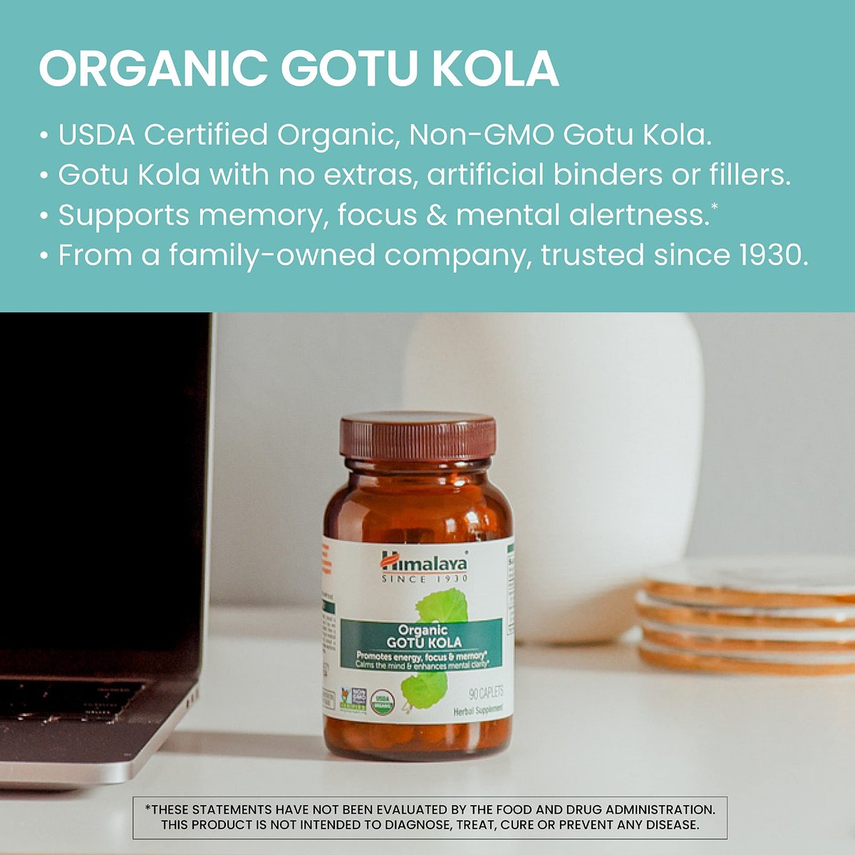 Himalaya Organic Gotu Kula – 45-Tage-Vorrat, Nootropikum mit Adaptogenen für Energie, Fokus, Gedächtnis und beruhigende Entspannung – Vegan, Non-GMO, Glutenfrei, 650 mg, 90 Kapseln