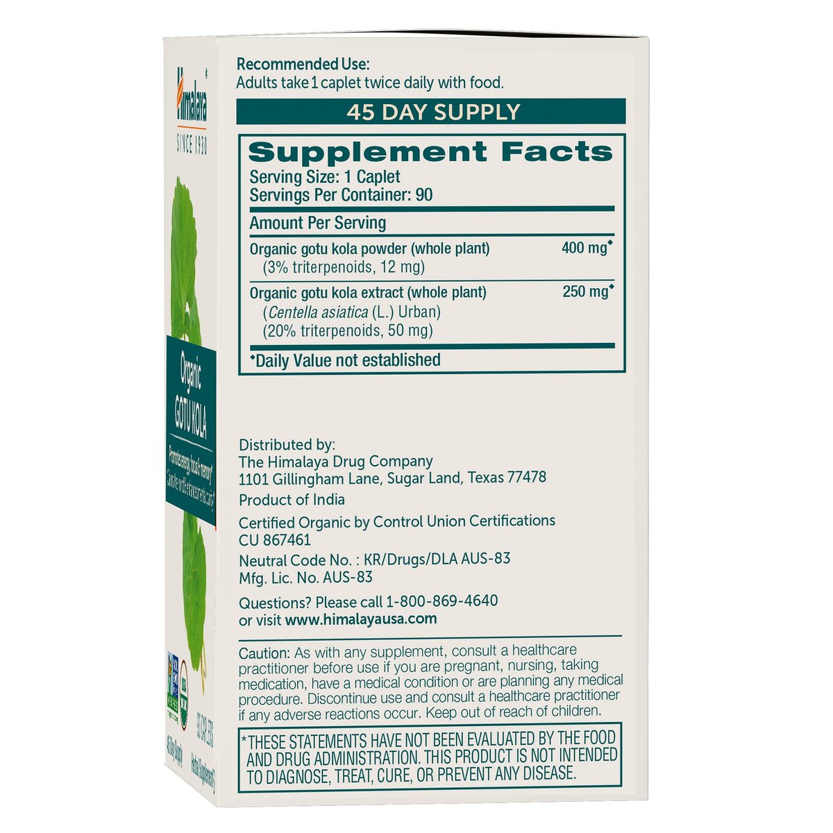 Himalaya Organic Gotu Kula – 45-Tage-Vorrat, Nootropikum mit Adaptogenen für Energie, Fokus, Gedächtnis und beruhigende Entspannung – Vegan, Non-GMO, Glutenfrei, 650 mg, 90 Kapseln