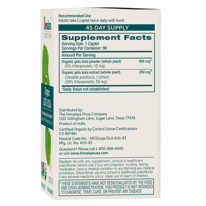 Himalaya Organic Gotu Kula – 45-Tage-Vorrat, Nootropikum mit Adaptogenen für Energie, Fokus, Gedächtnis und beruhigende Entspannung – Vegan, Non-GMO, Glutenfrei, 650 mg, 90 Kapseln
