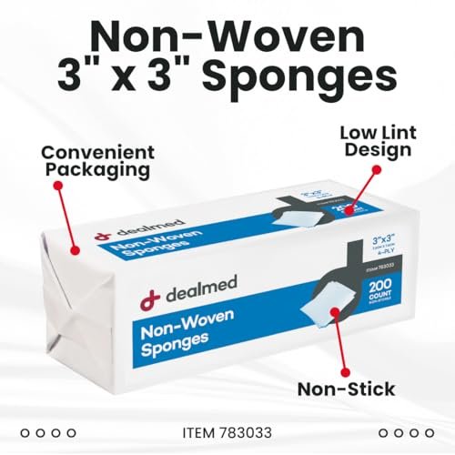 Dealmed 3" x 3" Vlies-Gaze-Kompressen (200 Stück) 4-lagig, Allzweck, unsteril, saugfähig, für Erste-Hilfe-Set & medizinische Einrichtungen (Packung mit 4)