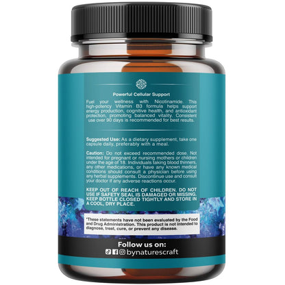 Vitamin B3 Niacinamid 500mg Kapseln – Mitochondrien-Energie und Hautergänzung – Niacin Flush-frei & Nicotinamid 500mg – 60 Kapseln