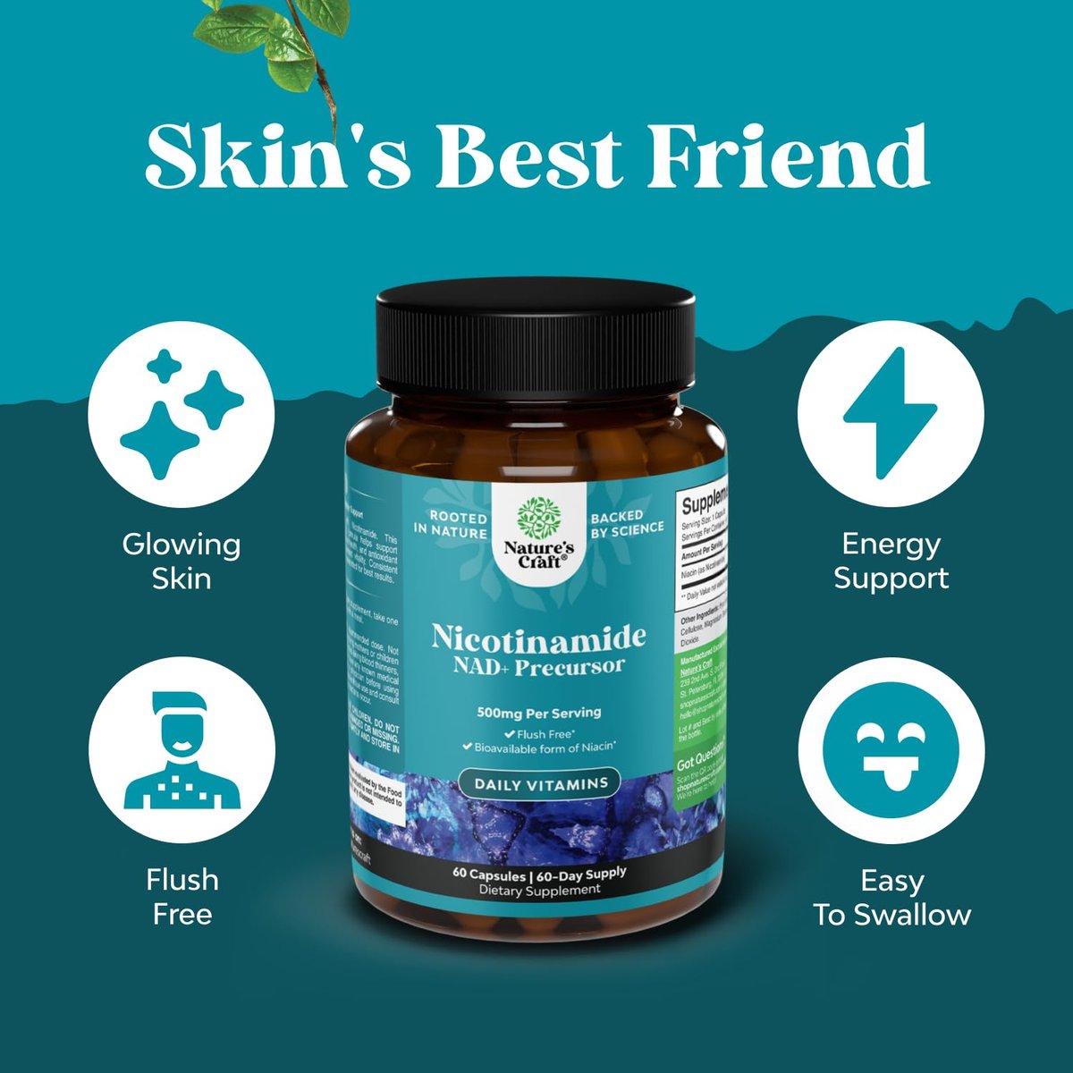Vitamin B3 Niacinamid 500mg Kapseln – Mitochondrien-Energie und Hautergänzung – Niacin Flush-frei & Nicotinamid 500mg – 60 Kapseln