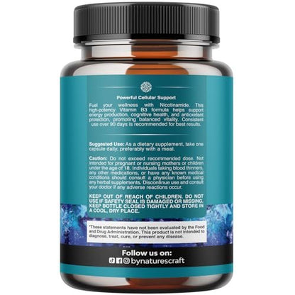 Vitamin B3 Niacinamid 500mg Kapseln – Mitochondrien-Energie und Hautergänzung – Niacin Flush-frei & Nicotinamid 500mg – 60 Kapseln