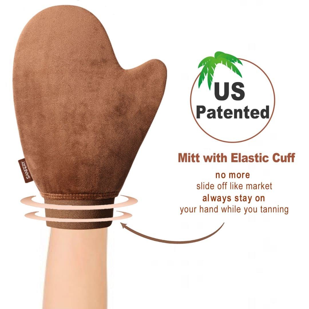 Sanfery 5-teiliges Selbstbräuner-Mitt-Set mit Rückenapplikator, Selbstbräunerpinsel, Peeling-Handschuh und Zubehör für eine makellose Bräune